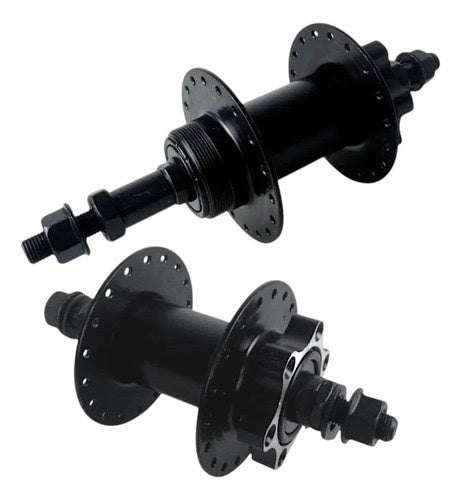 PAR MAZAS EN ACERO NEGRO 36H/14G EJE 3/8X140MM EN BALA OLD. 100MM FRENO DE DISCO 6 TORNILLOS