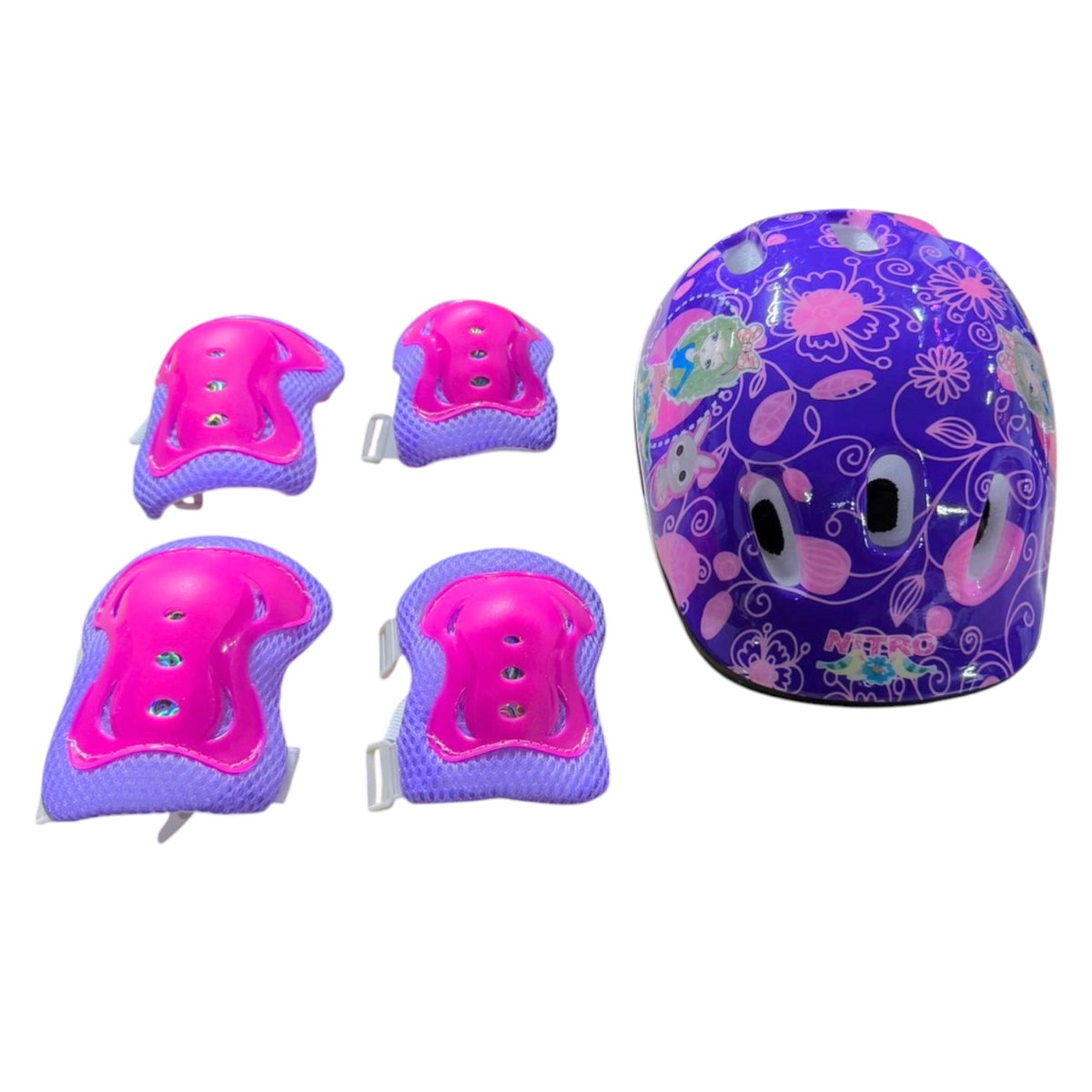 SET DE CASCO Y PROTECCIONES INFANTILES PARA BICICLETA MORADO