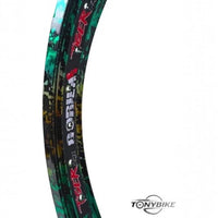 Aro de aluminio TONYBIKESGDL de 20 pulgadas para BMX con diseño de salpicaduras en verde, negro y dorado