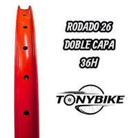 Aro para bicicleta de montaña TONYBIKESGDL de 26 pulgadas en color rojo brillante con diseño de doble capa y 36 hoyos.
