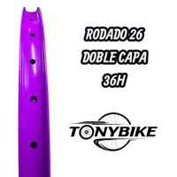 Aro de bicicleta de montaña TONYBIKESGDL de 26 pulgadas en color morado vibrante con diseño de doble capa y 36 hoyos.