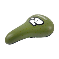 Sillín Aerobmx TONYBIKESGDL verde oliva con patrón de puntos, diseño ergonómico y resistente para ciclismo freestyle.