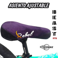Asiento ergonómico ajustable color morado para bicicleta de montaña TONYBIKESGDL modelo Beast con logo Rebel