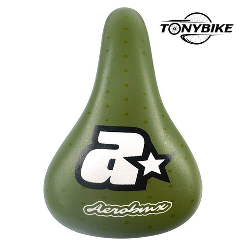 Sillín TONYBIKESGDL Aerobmx verde oliva con patrón de puntos y logo blanco, ideal para bicicletas BMX y estilo libre.