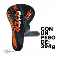 Asiento para bicicleta BMX TONYBIKESGDL negro con detalles naranjas, diseño ergonómico ligero de 394 gramos.