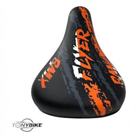 Asiento para bicicleta BMX TONYBIKESGDL en color negro con gráficos dinámicos en naranja y diseño ergonómico ligero.