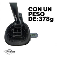 Asiento para bicicleta BMX TONYBIKESGDL con poste integrado, color negro, pesando 378 gramos en báscula digital.