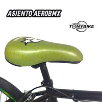Asiento ergonómico Aerobmx verde con detalles de puntos para bicicleta BMX de la marca TONYBIKESGDL