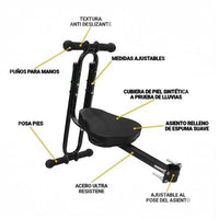 Asiento infantil delantero TONYBIKESGDL negro ajustable con manillar, reposapiés y acolchado de espuma resistente.
