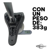 Combo de asiento y poste Pivotal TONYBIKESGDL para BMX en color negro, pesando 383 gramos en báscula digital.