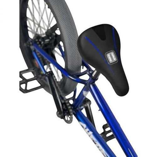 Asiento Pivotal TONYBIKESGDL negro con detalles azules instalado en bicicleta BMX para mayor rendimiento y control.