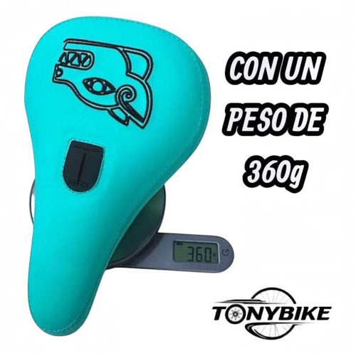 Asiento pivotal TONYBIKESGDL para bicicleta BMX en color turquesa con gráfico negro y peso ligero de 360 gramos