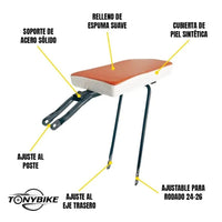 Asiento trasero acolchado TONYBIKESGDL naranja y blanco con soporte de acero para bicicletas rodado 24 y 26