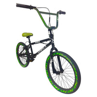 Bicicleta BMX TONYBIKESGDL Urban-X negra con rines de camuflaje verde, cuadro de acero y asiento ergonómico.