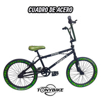 Bicicleta BMX TONYBIKESGDL Urban-X negra con rines de camuflaje verde y cuadro de acero resistente