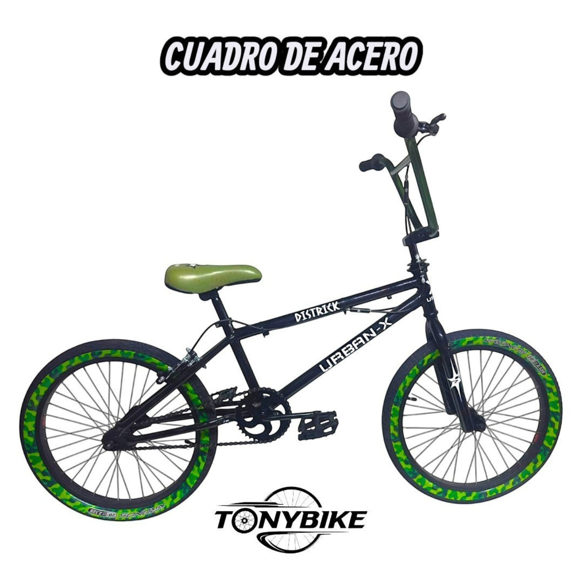 Bicicleta BMX TONYBIKESGDL Urban-X negra con rines de camuflaje verde y cuadro de acero resistente