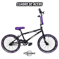 Bicicleta BMX TONYBIKESGDL Urban-X negra con detalles morados, cuadro de acero y neumáticos de camuflaje morado.