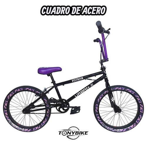 Bicicleta BMX TONYBIKESGDL Urban-X negra con detalles morados, cuadro de acero y neumáticos de camuflaje morado.