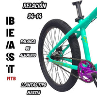 Bicicleta de montaña TONYBIKESGDL Beast color turquesa con detalles morados, cuadro de aluminio y llantas tipo Maxxis.