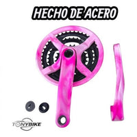 Juego de bielas y platos TONYBIKESGDL de acero en color rosa con diseño marmoleado y relación 42-34-24 dientes.