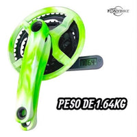 Juego de bielas y platos TONYBIKESGDL de acero en color verde neón con diseño marmolado y báscula digital