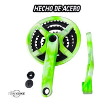 Juego de bielas y platos TONYBIKESGDL de acero en color verde neón con diseño marmolado y relación 42-34-24 dientes.