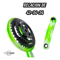 Juego de bielas y platos TONYBIKESGDL en acero verde neón con diseño marmolado y relación de 42-34-24 dientes