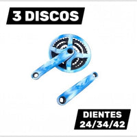 Juego de bielas TONYBIKESGDL de triple plato con acabado marmoleado azul y configuración 24/34/42 para bicicleta