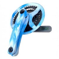 Juego de bielas TONYBIKESGDL de triple plato con acabado marmoleado azul y blanco, pesando 1060 gramos en báscula.