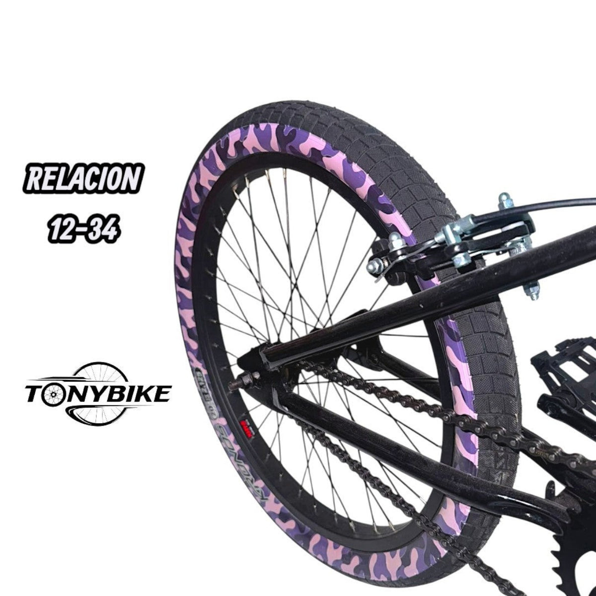 Rueda trasera de bicicleta BMX TONYBIKESGDL con neumático de camuflaje morado y sistema de frenos en cuadro negro