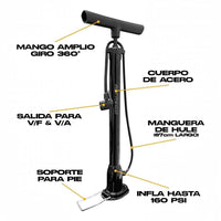 Bomba de aire de piso TONYBIKESGDL negra de acero con mango ergonómico, manguera flexible y cabezal para válvulas