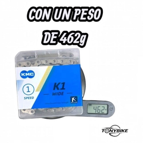 Cadena KMC K1 Wide para bicicleta de una velocidad pesando 462 gramos en báscula digital de TONYBIKESGDL