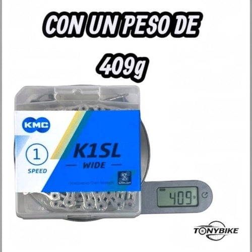 Cadena TONYBIKESGDL KMC K1SL Wide de una velocidad en su empaque original pesando 409 gramos en una báscula digital