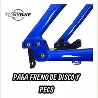 Detalle de punteras de cuadro TONYBIKESGDL azul para bicicleta rodado 29 con soporte para freno de disco y pegs