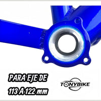 Detalle de la caja de pedalier azul brillante del cuadro TONYBIKESGDL Summit Rebel para ejes de 113 a 122 mm