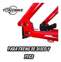 Detalle del cuadro de bicicleta TONYBIKESGDL en color rojo, con soporte para freno de disco y montaje para pegs