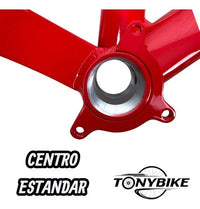 Detalle del centro estándar en cuadro de bicicleta TONYBIKESGDL color rojo fabricado en aluminio 6061 de alta resistencia