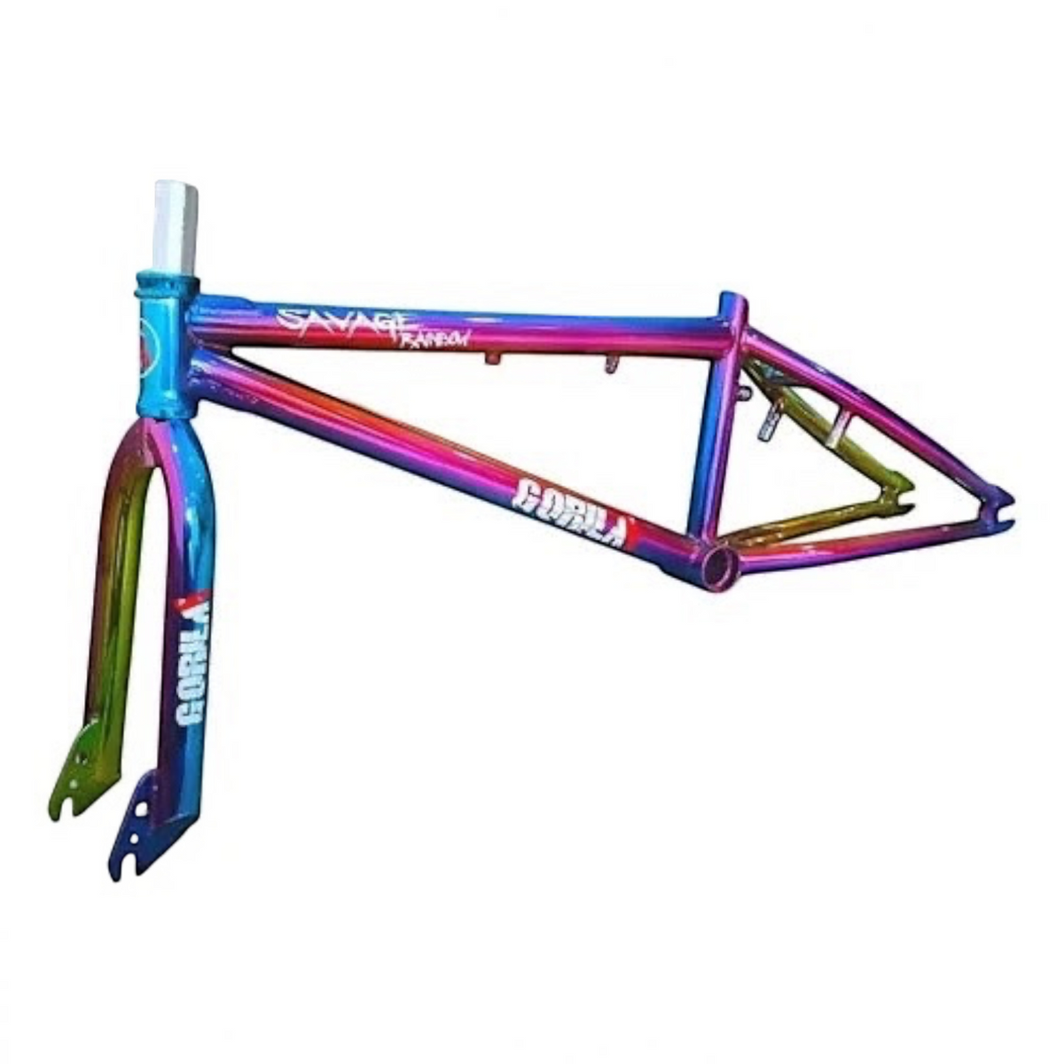 CUADRO Y TIJ DE ACERO BMX "GORILA" "SAVAGE RAINBOW" TORNASOL, CALCA BAJO BARNIZ CENTRO MID TELESC OVER