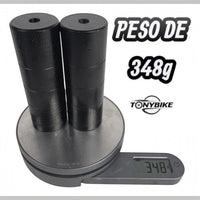 Par de diablitos negros para bicicleta BMX TONYBIKESGDL de 110 mm sobre una báscula digital marcando 348 gramos