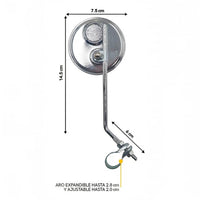 Espejo retrovisor universal TONYBIKESGDL cromado de diseño circular con medidas técnicas y soporte ajustable