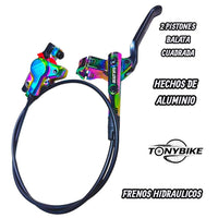 Frenos hidráulicos TONYBIKESGDL de aluminio con acabado tornasol, 2 pistones y balatas cuadradas para bicicleta de montaña