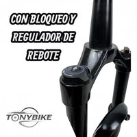 Horquilla de suspensión TONYBIKESGDL negra de aluminio y acero con bloqueo y regulador de rebote para bicicleta