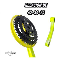 Juego de bielas y platos TONYBIKESGDL de acero, color amarillo con diseño camuflaje y relación 42-34-24 dientes.