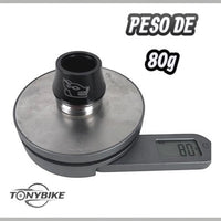 Juego de dirección integrado TONYBIKESGDL negro mate con grabado de lobo pesando 80 gramos en una báscula digital