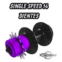 Kit de conversión Single Speed TONYBIKESGDL con corona de 14 dientes y espaciadores morados sobre maza de bicicleta