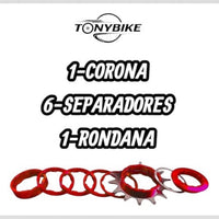 Kit de conversión Single Speed TONYBIKESGDL con corona de 14 dientes, 6 espaciadores rojos y rondana de ajuste.
