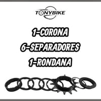 Kit de conversión TONYBIKESGDL a single speed con corona negra de 14 dientes, espaciadores y rondana de ajuste.