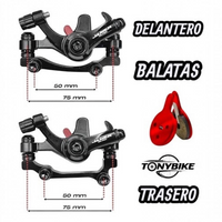 Kit de frenos de disco mecánicos TONYBIKESGDL con pinzas negras, balatas rojas y medidas de montaje de 50 y 75 mm.
