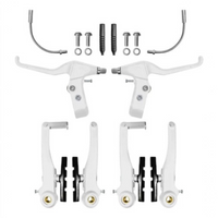 Kit completo de frenos V-Brake TONYBIKESGDL en color blanco con manetas, zapatas, cables y tornillería de montaje.
