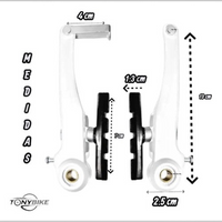 Kit de frenos V-Brake blancos TONYBIKESGDL con medidas detalladas para instalación en bicicleta